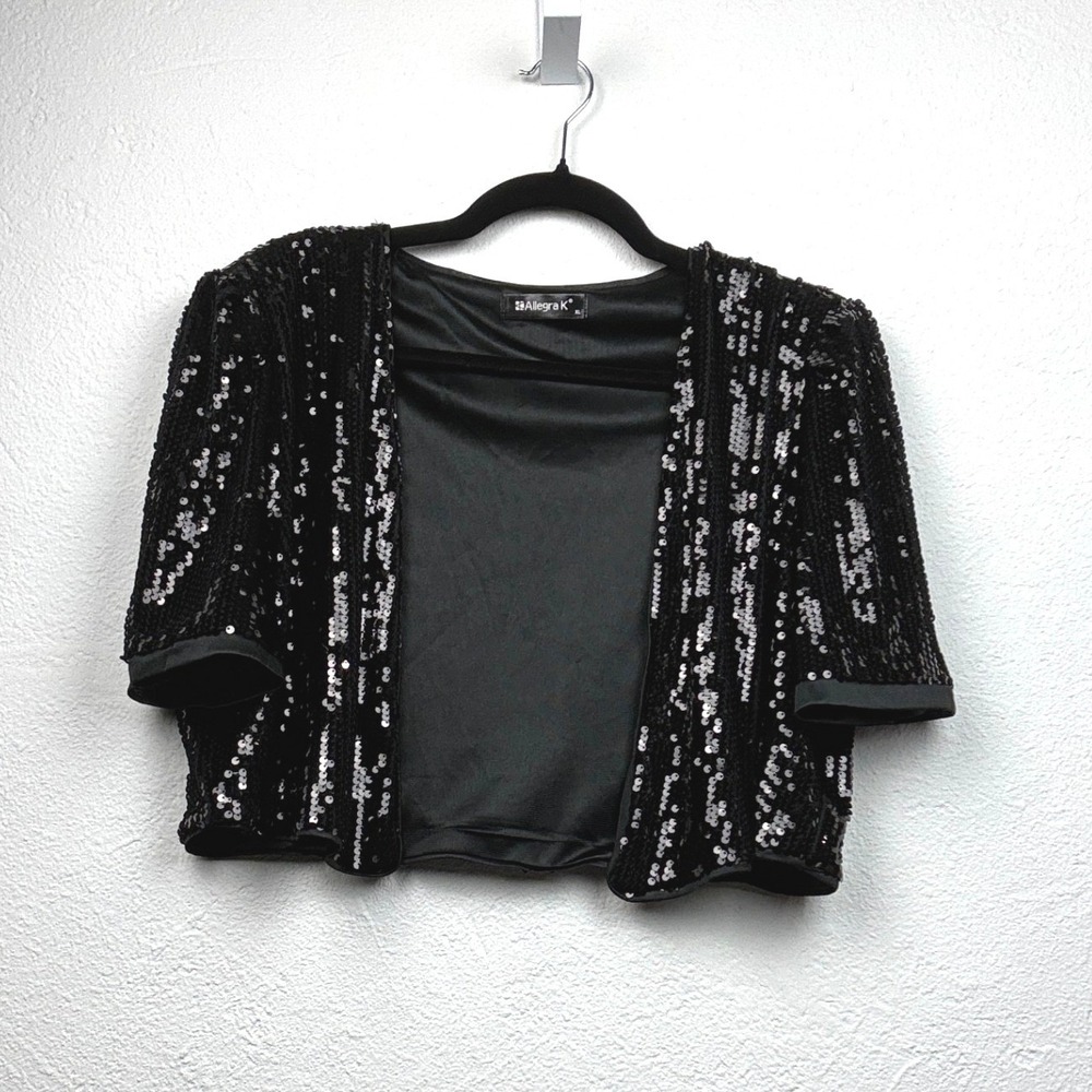 Allegra K Black Sequin Bolero - XL - Short Sleeve Shrug Glam Party Night Out